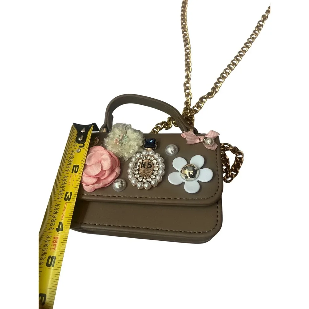 Girls Taupe Floral Applique Crossbody Bag Gold Chain Strap Mini Top Handle Purse